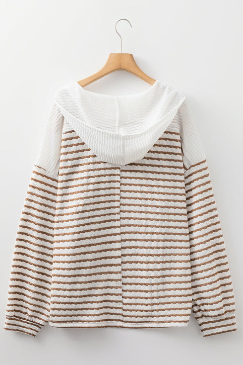 Textured Stripe Buttoned V Neck Hooded Long Sleeve Top
