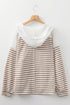 Textured Stripe Buttoned V Neck Hooded Long Sleeve Top