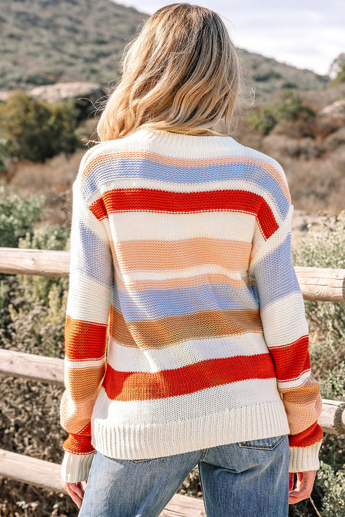 Textured Stripe Crew Neck Relaxed Fit Pullover Sweater