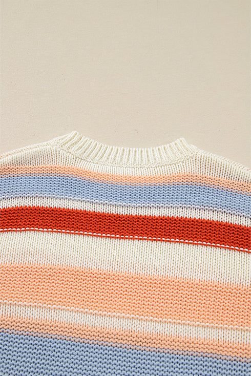 Textured Stripe Crew Neck Relaxed Fit Pullover Sweater