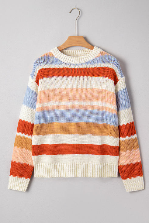 Textured Stripe Crew Neck Relaxed Fit Pullover Sweater