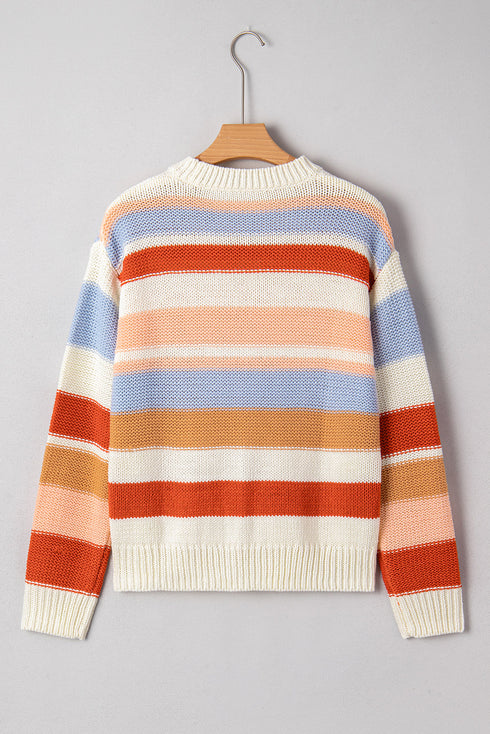 Textured Stripe Crew Neck Relaxed Fit Pullover Sweater
