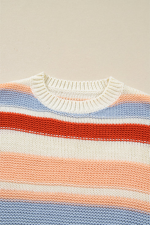 Textured Stripe Crew Neck Relaxed Fit Pullover Sweater