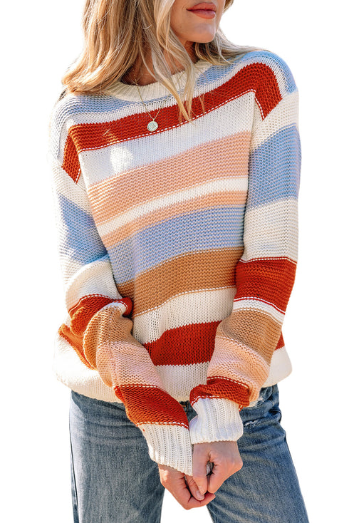 Textured Stripe Crew Neck Relaxed Fit Pullover Sweater