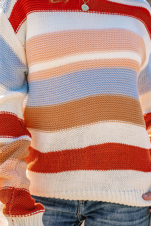 Textured Stripe Crew Neck Relaxed Fit Pullover Sweater