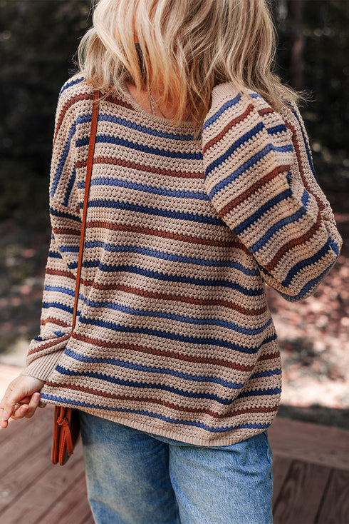 Textured Stripe Drop Shoulder Slouchy Crewneck Pullover Sweater