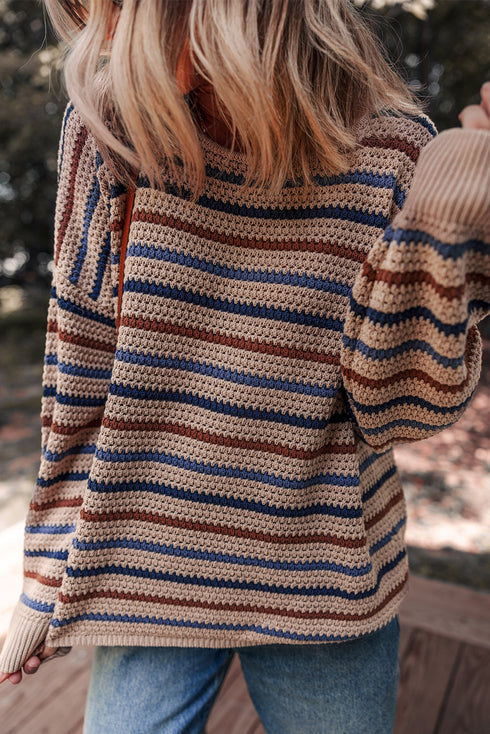 Textured Stripe Drop Shoulder Slouchy Crewneck Pullover Sweater