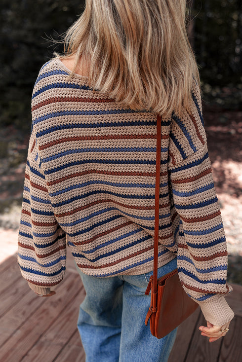 Textured Stripe Drop Shoulder Slouchy Crewneck Pullover Sweater