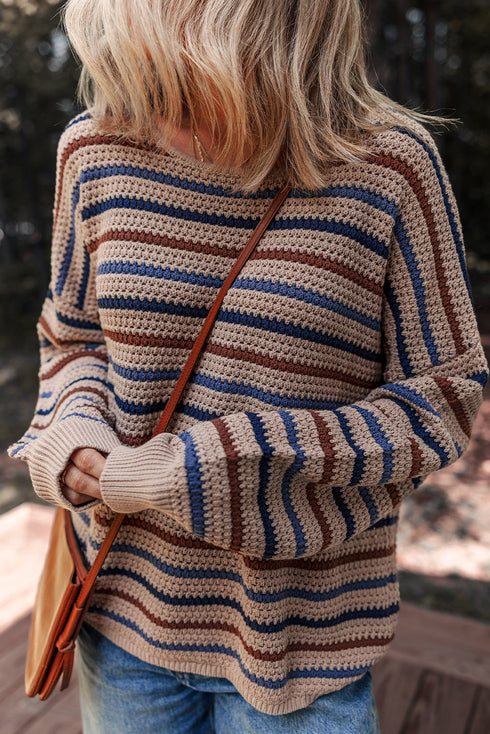 Textured Stripe Drop Shoulder Slouchy Crewneck Pullover Sweater