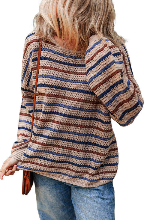 Textured Stripe Drop Shoulder Slouchy Crewneck Pullover Sweater