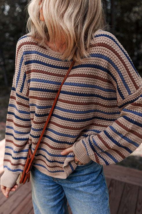 Textured Stripe Drop Shoulder Slouchy Crewneck Pullover Sweater