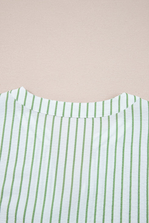 Textured Stripe Floral Puff Sleeve Notched Neck Babydoll Blouse