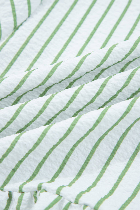 Textured Stripe Floral Puff Sleeve Notched Neck Babydoll Blouse