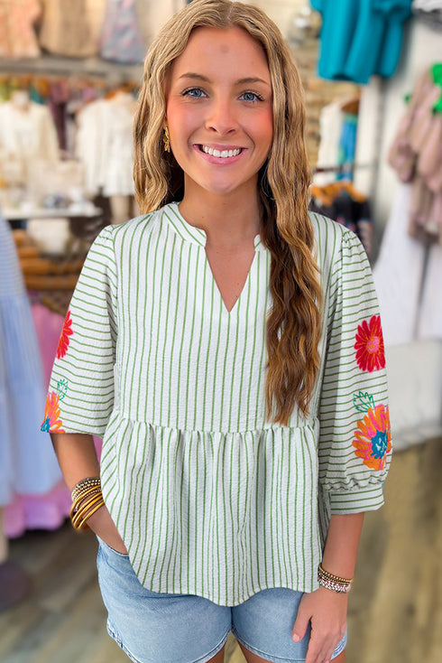 Textured Stripe Floral Puff Sleeve Notched Neck Babydoll Blouse