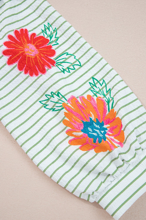 Textured Stripe Floral Puff Sleeve Notched Neck Babydoll Blouse