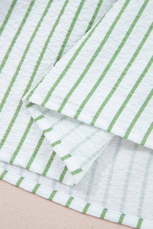 Textured Stripe Floral Puff Sleeve Notched Neck Babydoll Blouse