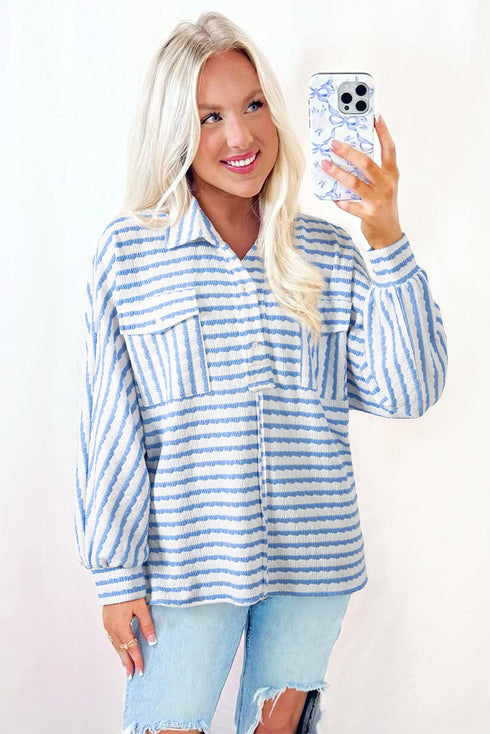 Textured Stripe Half Button Collared Long Sleeve Shirt