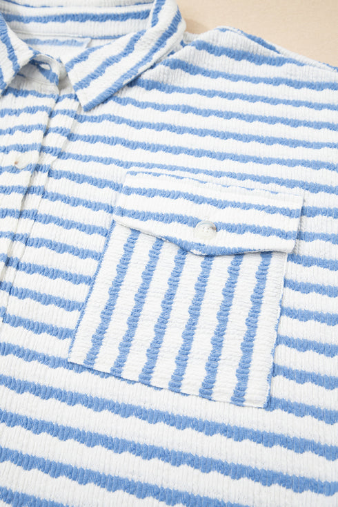 Textured Stripe Half Button Collared Long Sleeve Shirt