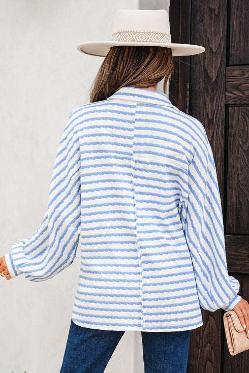 Textured Stripe Half Button Collared Long Sleeve Shirt