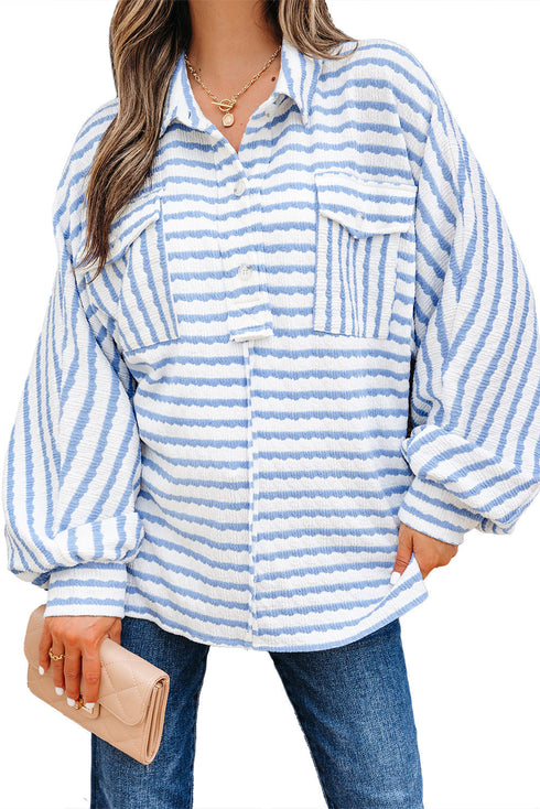 Textured Stripe Half Button Collared Long Sleeve Shirt