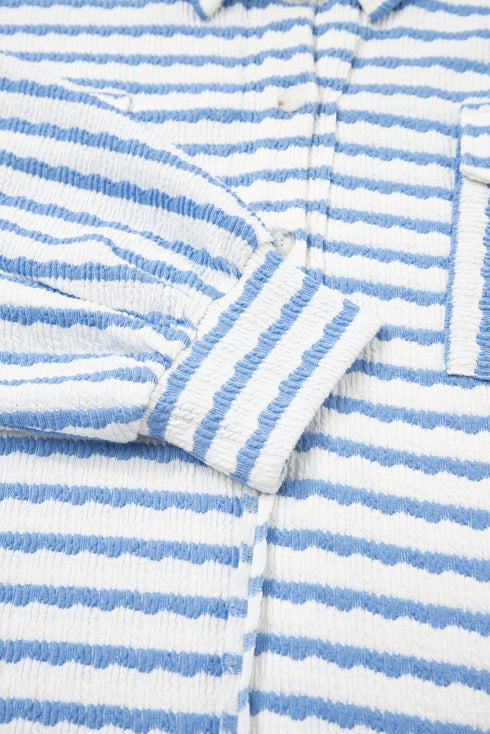 Textured Stripe Half Button Collared Long Sleeve Shirt