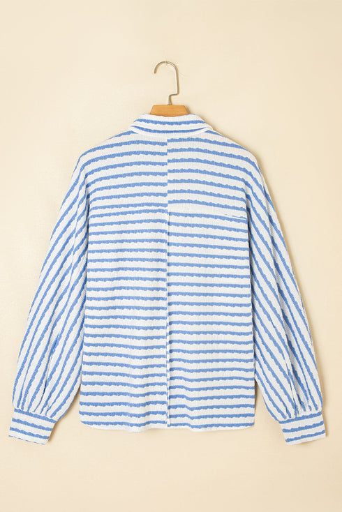 Textured Stripe Half Button Collared Long Sleeve Shirt