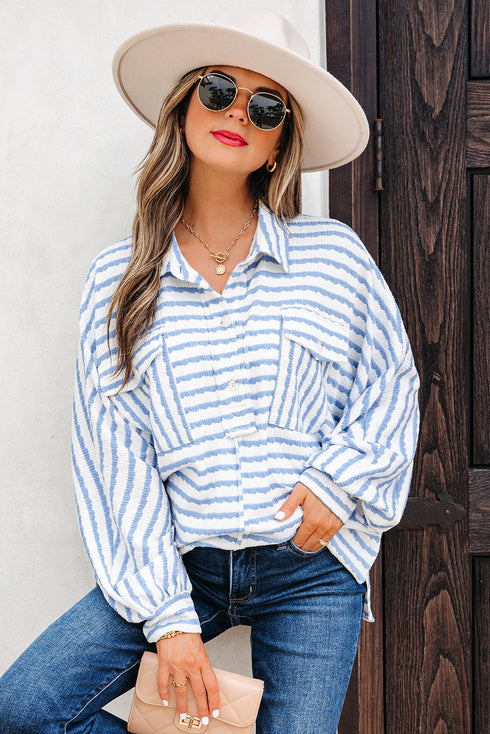 Textured Stripe Half Button Collared Long Sleeve Shirt