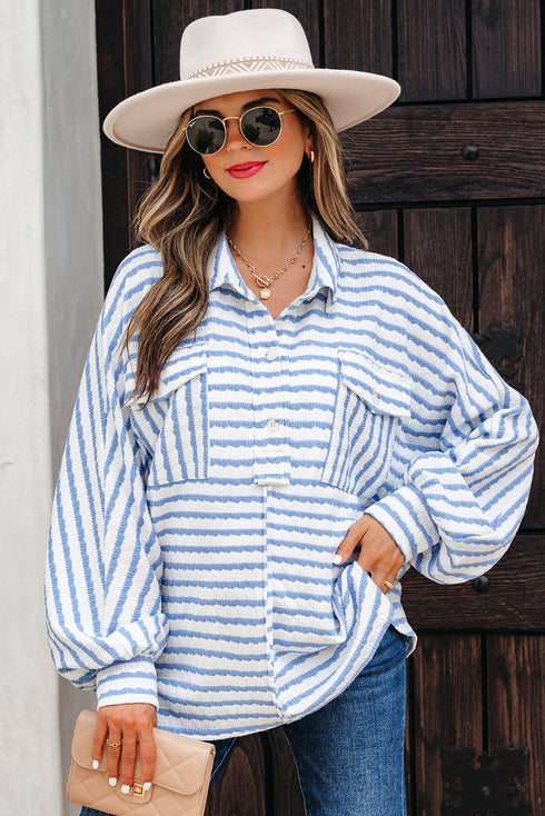 Textured Stripe Half Button Collared Long Sleeve Shirt