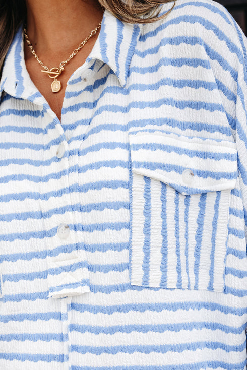 Textured Stripe Half Button Collared Long Sleeve Shirt