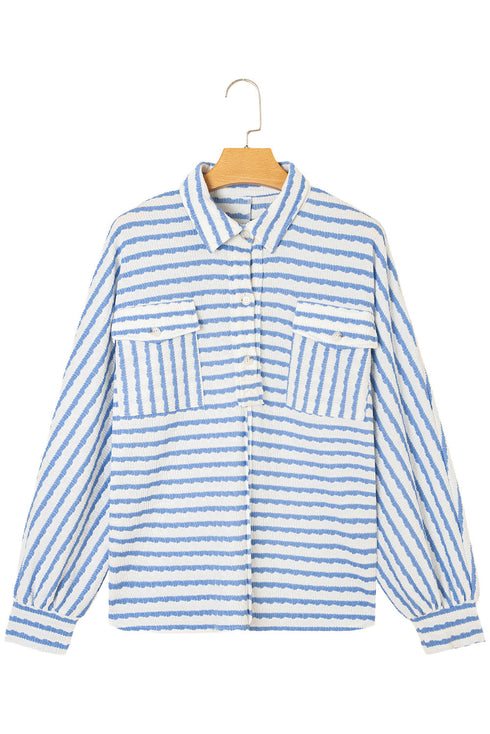 Textured Stripe Half Button Collared Long Sleeve Shirt