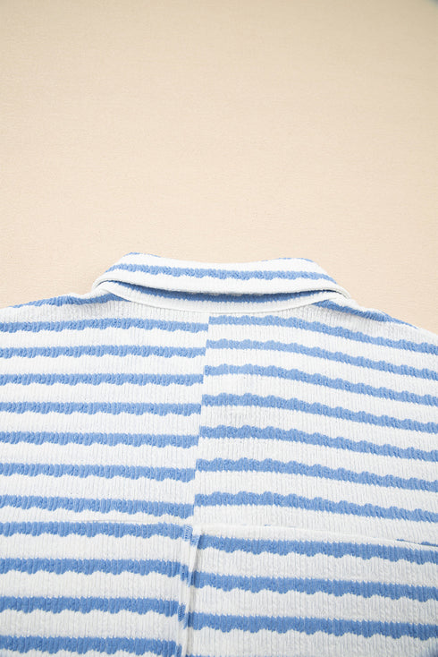 Textured Stripe Half Button Collared Long Sleeve Shirt