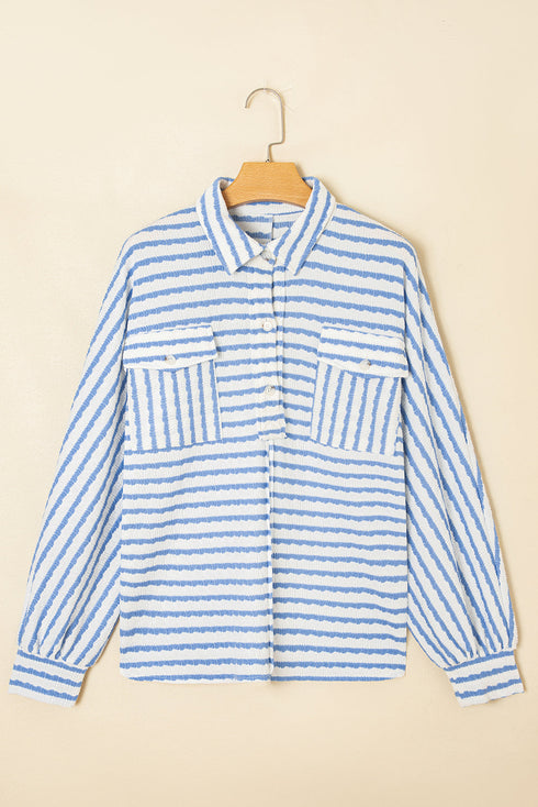 Textured Stripe Half Button Collared Long Sleeve Shirt