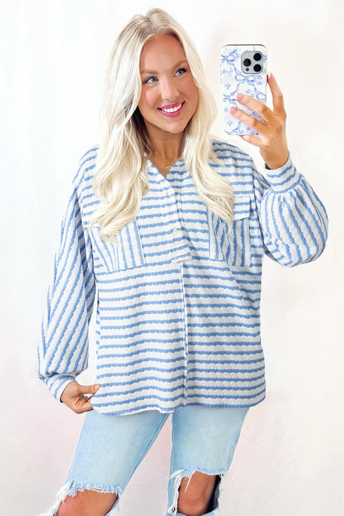 Textured Stripe Half Button Collared Long Sleeve Shirt