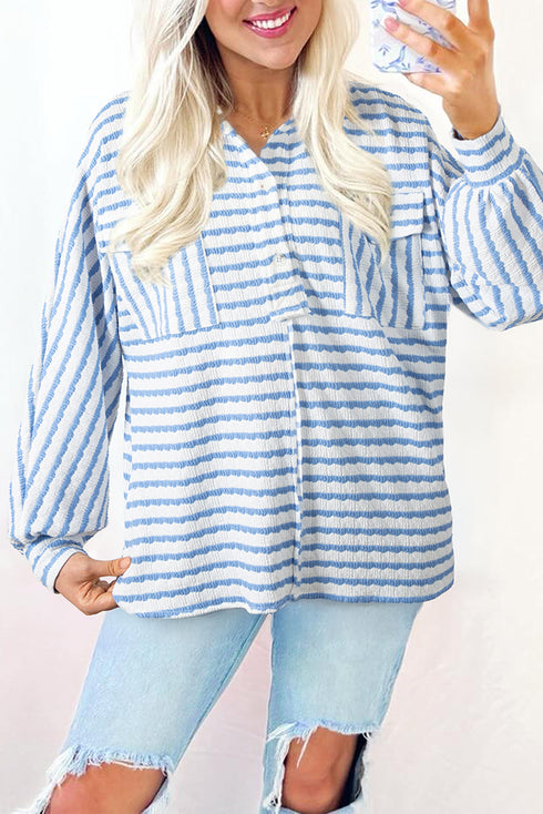 Textured Stripe Half Button Collared Long Sleeve Shirt
