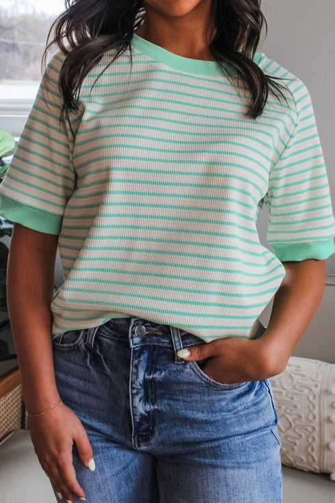 Textured Stripe Knit Round Neck Short Sleeve Tee