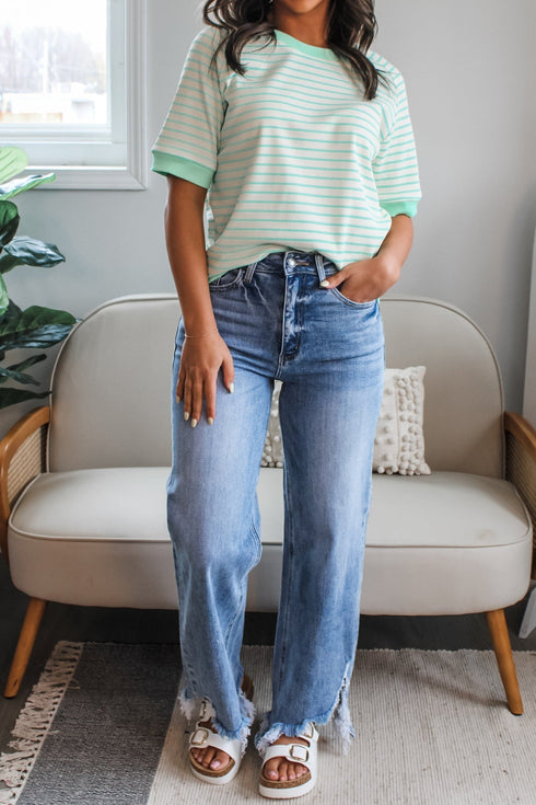 Textured Stripe Knit Round Neck Short Sleeve Tee