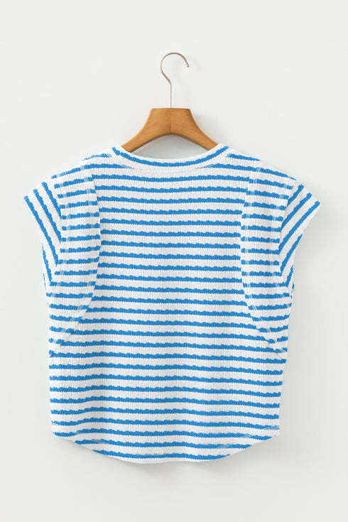 Textured Stripe Mixed Fabric Patchwork Short Sleeve Tee