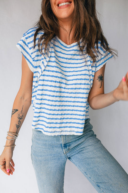 Textured Stripe Mixed Fabric Patchwork Short Sleeve Tee