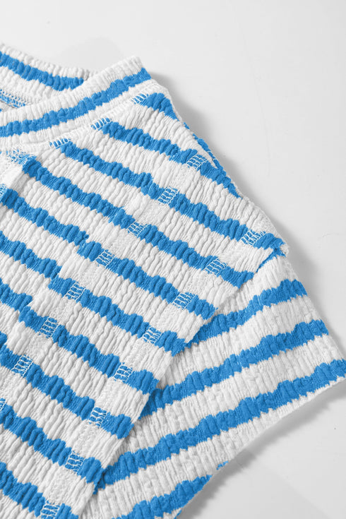 Textured Stripe Mixed Fabric Patchwork Short Sleeve Tee