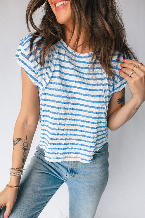 Textured Stripe Mixed Fabric Patchwork Short Sleeve Tee