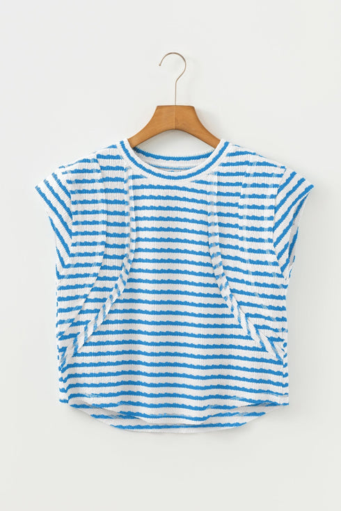 Textured Stripe Mixed Fabric Patchwork Short Sleeve Tee
