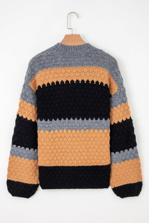 Textured Stripe Mock Neck Chunky Knit Sweater