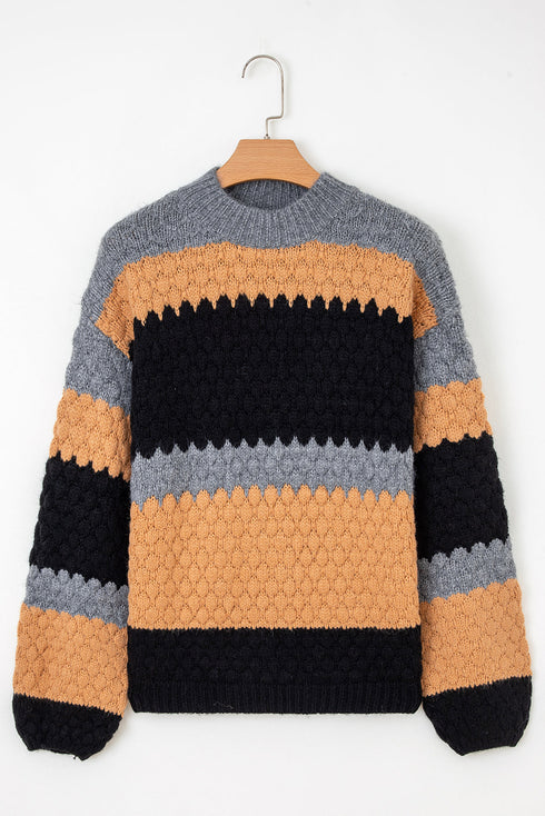Textured Stripe Mock Neck Chunky Knit Sweater
