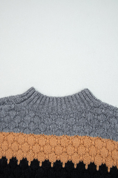 Textured Stripe Mock Neck Chunky Knit Sweater