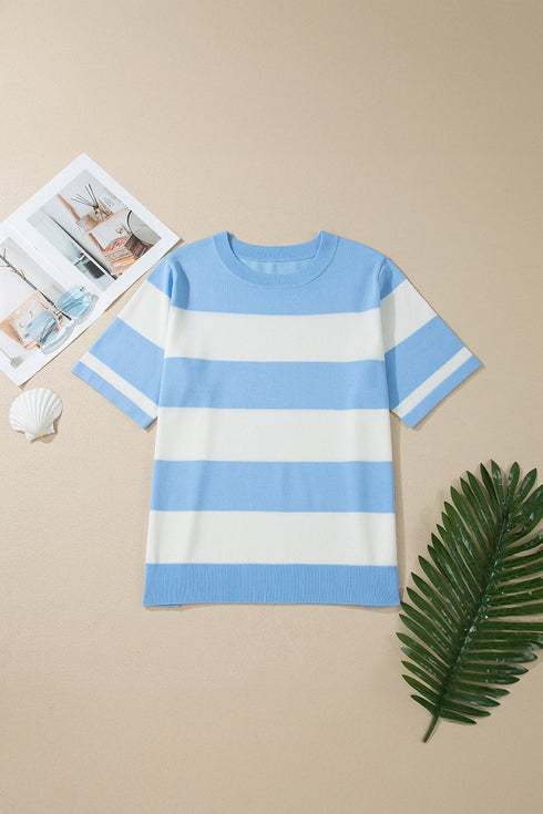 Textured Stripe Patchwork Knit Short Sleeve Sweater
