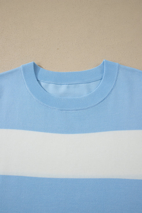 Textured Stripe Patchwork Knit Short Sleeve Sweater