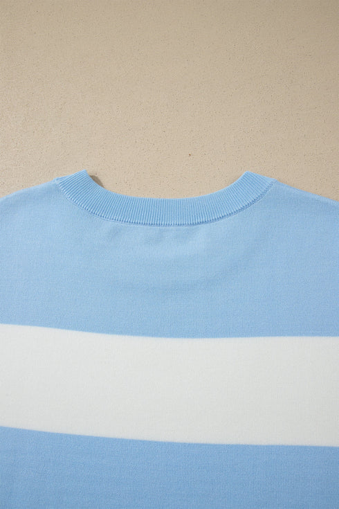 Textured Stripe Patchwork Knit Short Sleeve Sweater