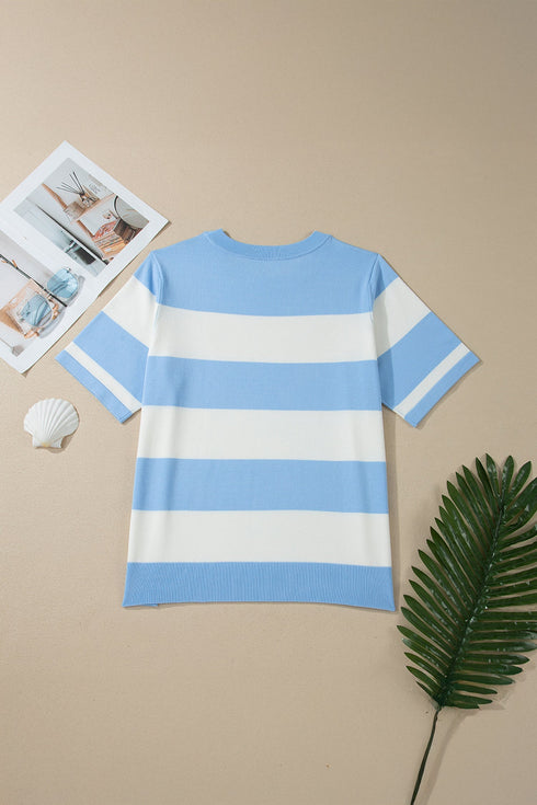Textured Stripe Patchwork Knit Short Sleeve Sweater