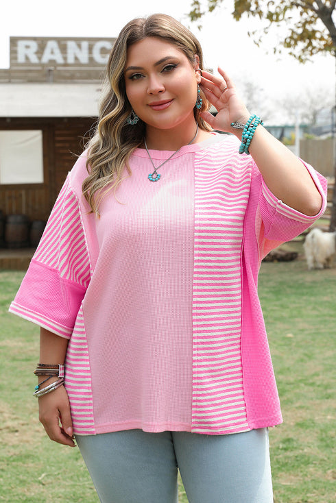 Textured Stripe Patchwork Waffle Knit T Shirt
