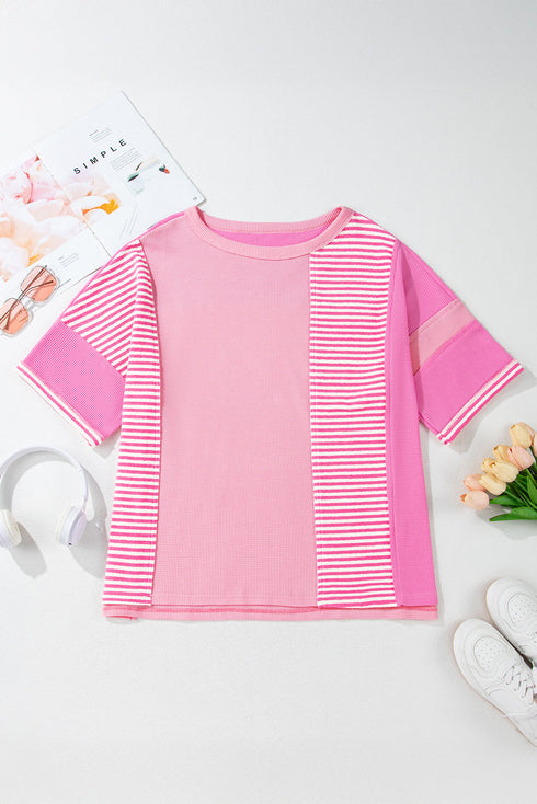 Textured Stripe Patchwork Waffle Knit T Shirt